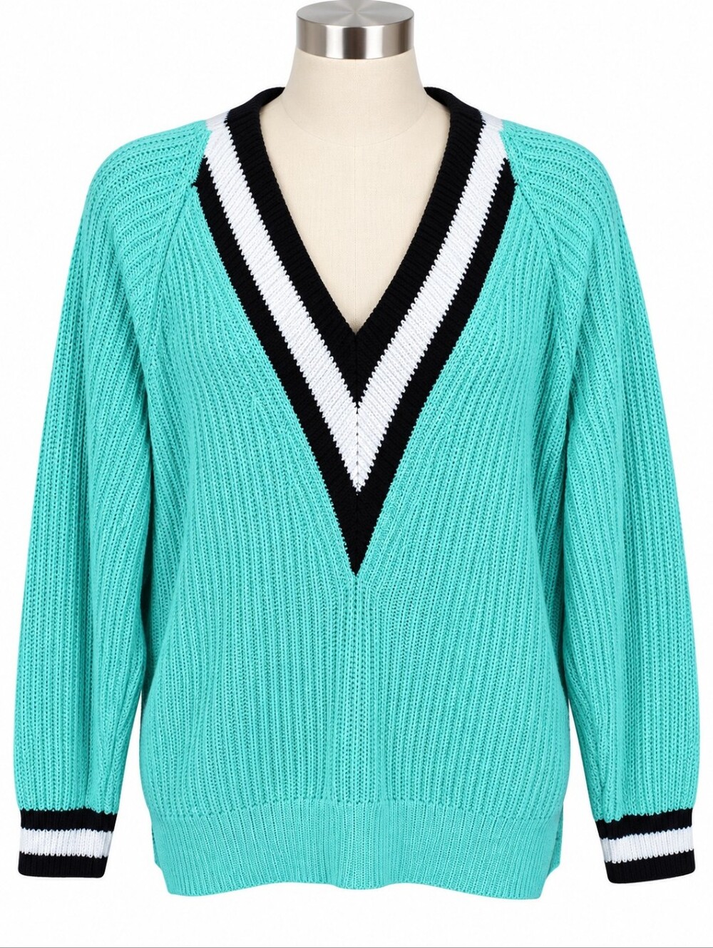 Rag & Bone Talia Varsity Sweater NWT Sz L Turquoise Blue Deep V Neck Ribbed Knit